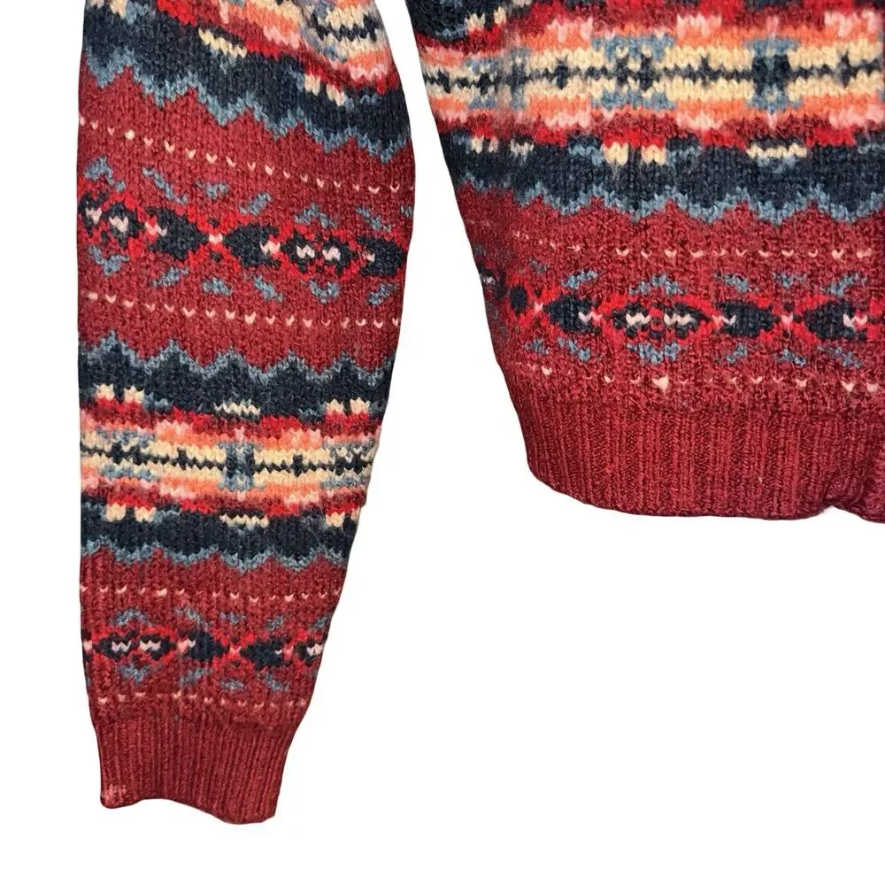 American Eagle‎ Super Soft Red Fair Isle Full Zip Up Cardigan Sweater Size Med